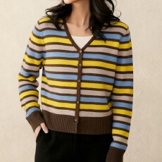 批发复古撞色条纹V领显瘦针织开衫女长袖百搭显瘦短款