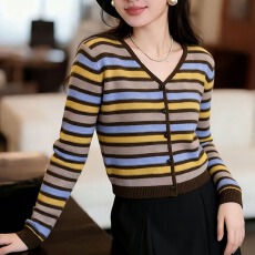 批发高端<b class='q'>女装</b>气质V领条纹长袖针织开衫上衣秋季爆款上衣