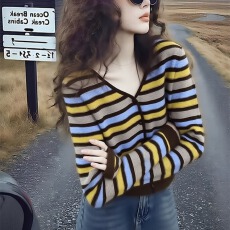 批发大码减龄针织衫秋季新款慵懒风时尚小众设计感条纹V领