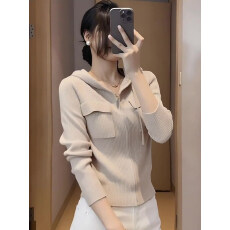 批发2026春秋欧货简约气质拉链针织连帽衫女洋气休闲修身