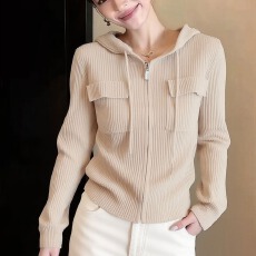 批发设计感简约连帽拉链毛衣开衫休闲气质显瘦长袖修身百