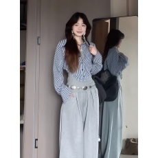 批发秋冬韩系格纹衬衫拼接收腰时尚设计感衬衣女显瘦宽松休闲裤套装