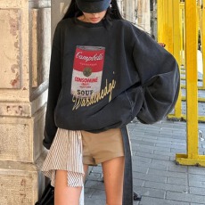 批发秋冬穿搭美式印花圆领卫衣长袖女做旧辣妹上衣高腰显瘦短裤套装