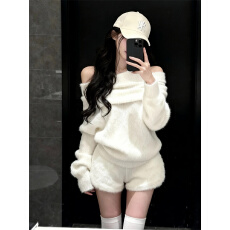 批发慵懒风软糯一字肩<b class='q'>白色</b>毛衣高腰<b class='q'>短裤</b>两件套女秋冬新款辣妹时尚套装