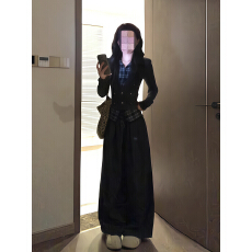 批发秋冬辣妹美式撞色格纹假两件<b class='q'>卫衣</b>外套女显瘦百搭<b class='q'>宽松</b>阔腿裤套装女