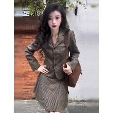 批发秋冬穿搭韩版复古格子<b class='q'>西装</b>外套上衣气质通勤半身裙两件套<b class='q'>女</b>