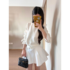 批发秋冬法式时尚小众拼接长袖蝴蝶结开衫上衣女显瘦高腰半身裙a字裙