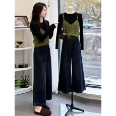 批发秋冬韩版穿搭一整套百搭圆领打底长袖上衣针织<b class='q'>背心</b>显瘦<b class='q'>牛仔</b>裤女