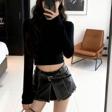 批发秋冬穿搭韩系辣妹风镂空露背长袖t恤a字高腰裙<b class='q'>裤</b>两件套女