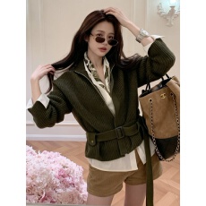 批发秋冬穿搭韩系绑带立领设计感针织毛衣长袖衬衫高腰短<b class='q'>裤</b>三件套女