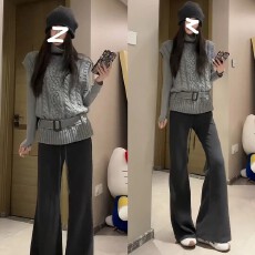 批发<b class='q'>秋</b>冬穿搭设计感精致小香风灰色高领针织打底马甲阔腿裤套装女