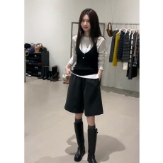 批发<b class='q'>秋</b>冬韩系V领针织马甲内搭长袖打底衫女上衣宽松阔腿短裤套装