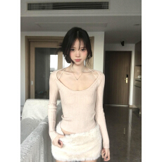 批发秋冬穿搭美式露肩长袖针织衫<b class='q'>修身</b>显瘦打底衫上衣半身裙套装女