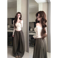 批发秋冬设计感纯欲风白色v领蕾丝衫性感紧身短款上衣宽松裤子套装