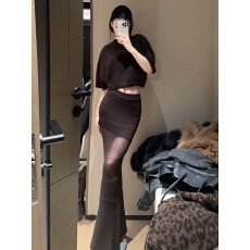 批发春季新款毛茸茸短袖背心马甲上衣高腰包臀裙半身长裙套装女