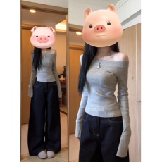 批发一整套ootd穿搭设计感小众斜肩灰色长袖上衣阔腿牛仔裤子两件<b class='q'>套装</b>