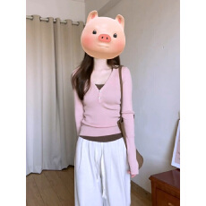 批发韩系粉色两件套纯欲内搭打底衫女春秋小个子修身短款针织长袖上衣
