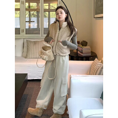 批发仿皮草羊羔毛马甲背心外套长袖针织打底衫休闲工装宽松卫裤套装女