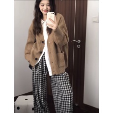 秋冬学院风V领针织开衫女毛衣外套韩系慵懒风软糯宽松高级感上衣