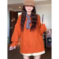 春季日系复古南瓜橘麻花毛衣女宽松慵懒针织上衣短裤套装