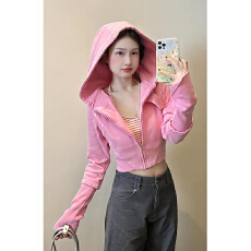 批发春季新款韩版短款连帽拉链长袖<b class='q'>百搭</b>外套上衣女