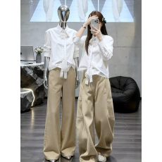 批发立体花朵蝴蝶结白色<b class='q'>衬衫</b>泡泡长袖上衣阔腿<b class='q'>牛仔</b>裤宽松直筒拖地裤子