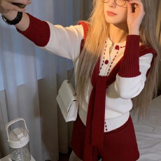 批发春季韩版甜美红色围感穿搭针织开衫搭披肩修身显瘦<b class='q'>短裤</b>子女