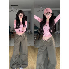 批发港风chic碎花网纱粉色长袖<b class='q'>t</b><b class='q'>恤</b>女别致修身百搭上衣工<b class='q'>装</b>阔腿<b class='q'>裤</b><b class='q'>套装</b>