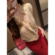 批发温柔风镂空钩花针织开衫女春季花边软糯显瘦短款毛衣显瘦半身裙