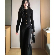 批发2026新款法式千金风短款单排扣长袖外套高腰显瘦宽松阔腿裤套装女