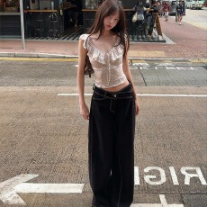 批发春夏季新款设计感<b class='q'>V领</b>系带红色波点无袖<b class='q'>t</b><b class='q'>恤</b>上衣裤子套装女