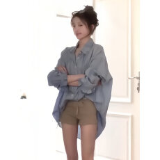 批发夏季新款蓝色<b class='q'>百搭</b>长袖防晒衬衫上衣<b class='q'>外套</b>卡其色短裤套装女