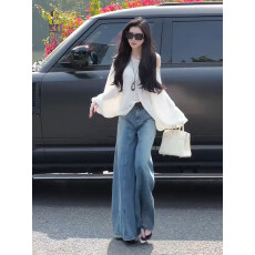 批发春夏新款穿搭慵懒风斜肩宽松上衣阔腿<b class='q'>牛仔裤</b>显瘦套装女小个子套装