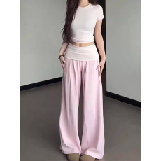 批发粉色圆领上衣女<b class='q'>短款</b>显瘦修身短袖T恤翻折腰凉感透气休闲卫裤套装