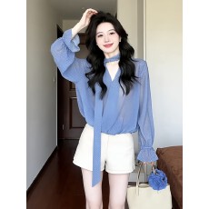 批发春夏法式设计感气质防晒蓝色<b class='q'>波点</b>系带长袖<b class='q'>衬衫</b>短裤套装女