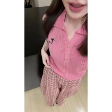 批发新款女装夏减龄polo领猫咪刺绣无袖上衣<b class='q'>高腰</b>格纹阔腿长裤套装女