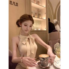 批发优雅风蝴蝶结系带挂脖吊带背心包臀短裙套装女收腰显瘦夏季两件套
