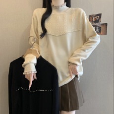批发<b class='q'>大码</b>女装胖mm百搭木耳边宽松显瘦针织<b class='q'>打底衫</b>半高领珍珠拼接上衣