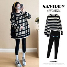 批发实拍 2026春秋新款百搭休闲孕妇条纹T恤卫衣假两件套