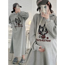 批发2025孕妇新款连帽字母长袖<b class='q'>春</b>秋季长裙子宽松休闲卫衣裙