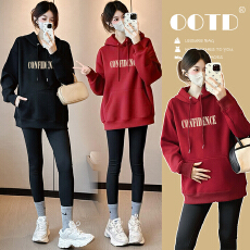 孕妇装秋冬新款加绒加厚连帽卫衣宽松大码休闲百搭孕妇上衣