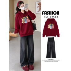 批发孕妇装秋冬新款加绒加厚连帽卫衣宽松大码休闲百搭孕妇红色 上衣