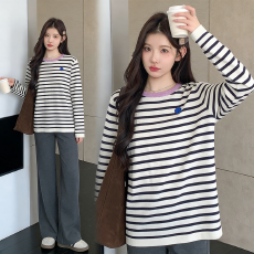 批发实拍 孕妇装2026春季新款韩版宽松条纹孕妇上衣打底衫潮妈