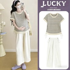 批发实拍孕妇装2026新款简约条纹短袖针织衫孕妇夏季冰丝T恤上衣