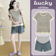 批发实拍孕妇装2026新款简约条纹短袖针织衫孕妇<b class='q'>夏</b>季冰丝T恤上衣