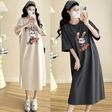 实拍孕妇夏季时尚印花中长款休闲连衣裙减龄宽松清凉长款T恤裙子