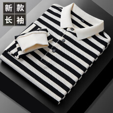 批发春秋季26新款男士长袖T恤经典条纹翻领POLO衫百搭显瘦男装打底衫