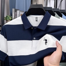 批发26新款夏季条纹polo衫大码<b class='q'>商务</b>男士短袖上衣翻领刺绣T恤条纹显瘦