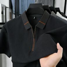 批发时尚潮流男士短袖polo衫夏季26外贸新款高档纯色拉链上衣百搭透气