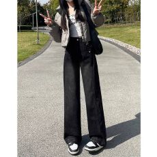 批发阔腿牛仔裤女高腰显瘦垂感设计子黑<b class='q'>灰色</b>宽松直筒裤